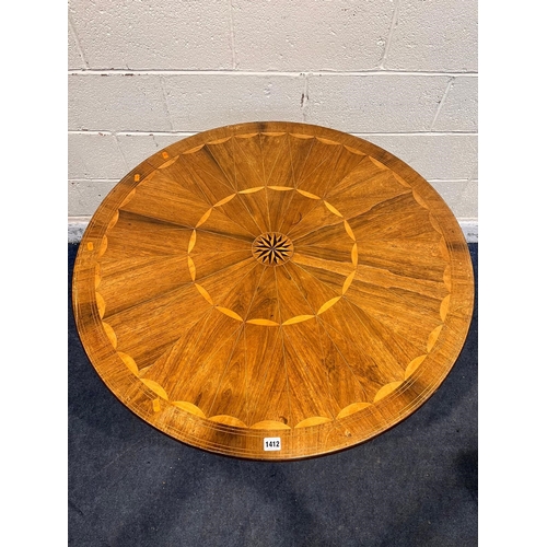 1412 - A 19TH CENTURY ROSEWOOD AND PARQUETRY INLAID CIRCULAR REVOLVING DRUM TABLE, central starburst, with ... 