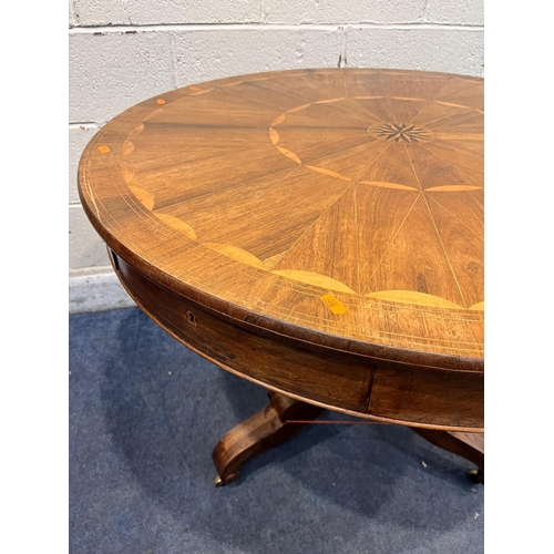 1412 - A 19TH CENTURY ROSEWOOD AND PARQUETRY INLAID CIRCULAR REVOLVING DRUM TABLE, central starburst, with ... 