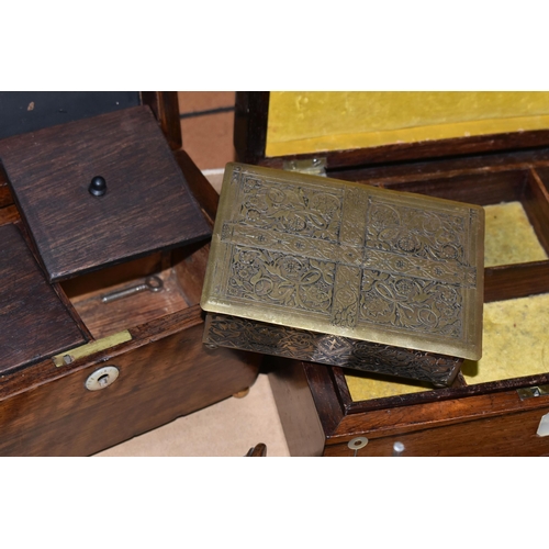 427 - ONE BOX OF WOODEN BOXES, A REGENCY PERIOD TEA CADDY IN SARCOPHOGUS STYLE, AND SEWING BOXES, ETC, sew... 