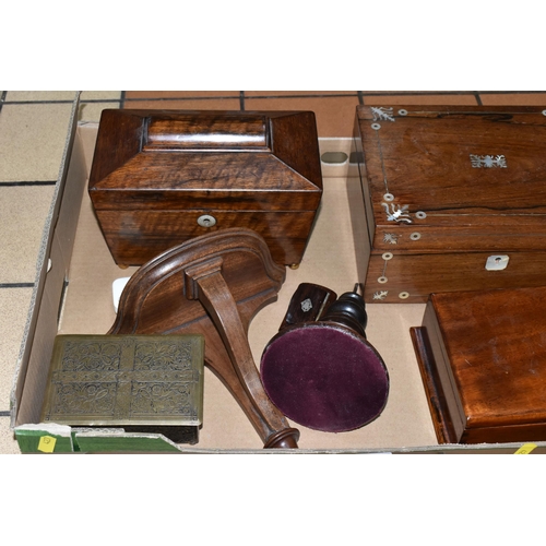 427 - ONE BOX OF WOODEN BOXES, A REGENCY PERIOD TEA CADDY IN SARCOPHOGUS STYLE, AND SEWING BOXES, ETC, sew... 