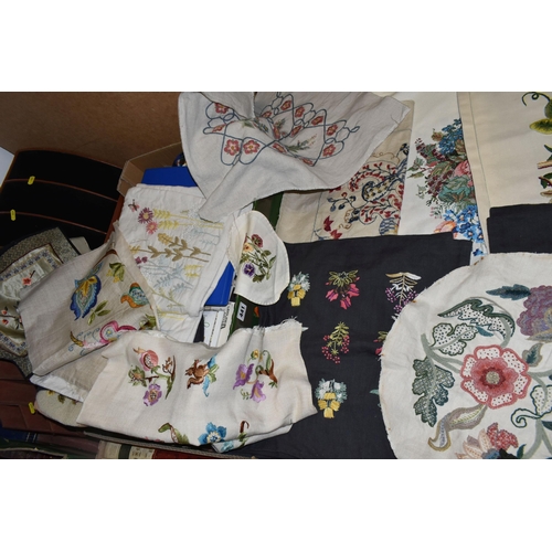 441 - ONE BOX AND LOOSE EMBROIDERY EXAMPLES AND KITS AND FABRIC ROLLS, ETC, a large quantity of handmade f... 