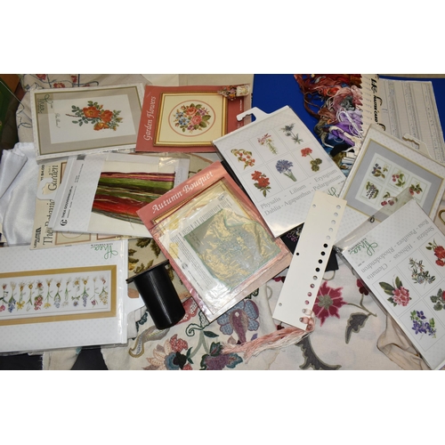 441 - ONE BOX AND LOOSE EMBROIDERY EXAMPLES AND KITS AND FABRIC ROLLS, ETC, a large quantity of handmade f... 