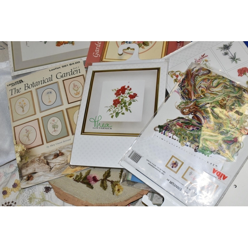 441 - ONE BOX AND LOOSE EMBROIDERY EXAMPLES AND KITS AND FABRIC ROLLS, ETC, a large quantity of handmade f... 