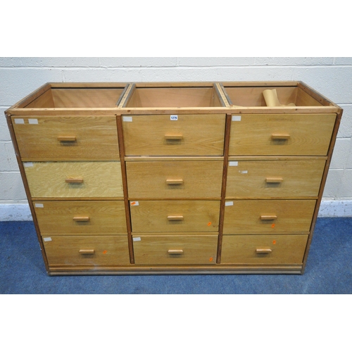 1276 - AN OAK BANK OF TWELVE DRAWERS, width 148cm x depth 56cm x height 100cm (condition report: missing to... 