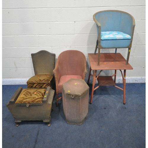 1279 - A SELECTION OF PAINTED LLOYD LOOM FURNITURE, to include a table, diameter 61cm x height 73cm, an arm... 