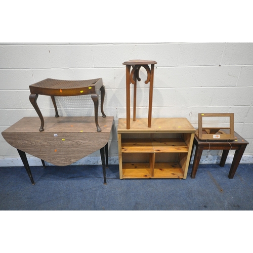 1280 - A MID CENTURY FORMICA TOP DROP LEAF TABLE, a pine open bookcase, an oak occasional table, another oc... 