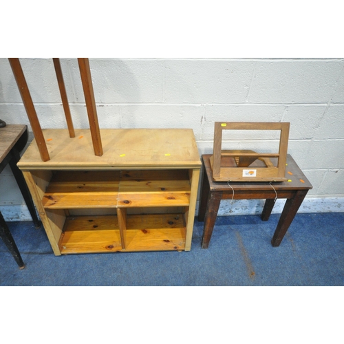 1280 - A MID CENTURY FORMICA TOP DROP LEAF TABLE, a pine open bookcase, an oak occasional table, another oc... 