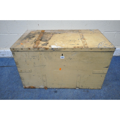 1281 - A VINTAGE CREAM PAINTED PINE TOOL CHEST, with a hinged lid and twin metal handles, width 84cm x dept... 