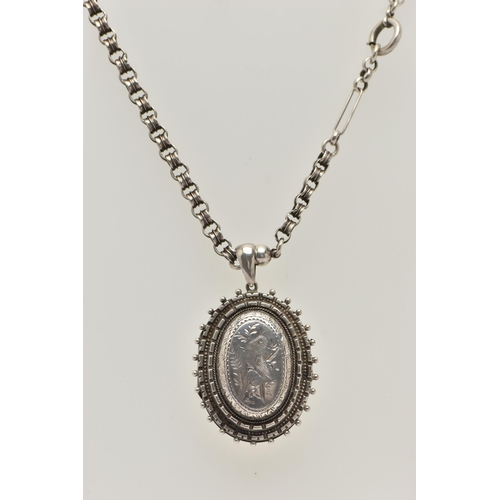 10 - A LATE 19TH CENTURY LOCKET AND CHAIN, a large white metal oval locket, etched detail depicting a bir... 