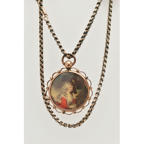 12 - AN EARLY 20TH CENTURY CHAIN AND PHOTO PENDANT, a belcher link chain, fitted with a cylinder clasp, a... 