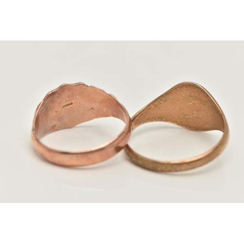 15 - TWO 9CT GOLD SIGNET RINGS, the first a rose gold shield signet, hallmarked 9ct Birmingham, ring size... 