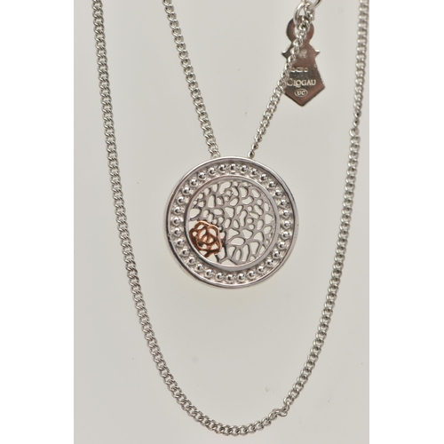 16 - A 'CLOGAU' ROYAL ROSES NECKLACE, designed as a silver open work disk with rose metal detail, suspend... 