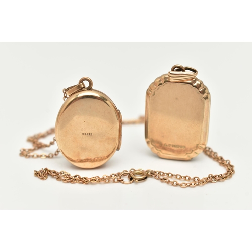 23 - TWO LOCKETS AND A CHAIN, a rectangular floral detailed locket, hallmarked 9ct London, fitted with a ... 