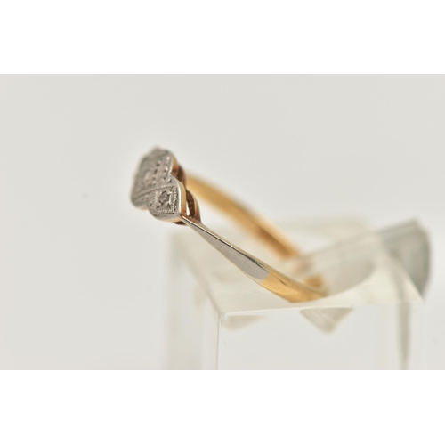 27 - A YELLOW AND WHITE METAL DIAMOND RING, white metal ring head set with three single cut diamonds, to ... 