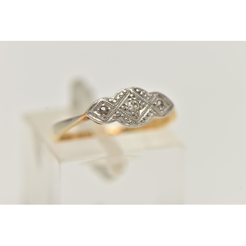 27 - A YELLOW AND WHITE METAL DIAMOND RING, white metal ring head set with three single cut diamonds, to ... 