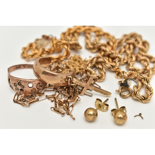 32 - AN ASSORTMENT OF 9CT GOLD AND YELLOW METAL, to include an AF rope chain, hallmarked 9ct Sheffield im... 