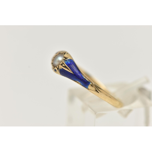 39 - A YELLOW METAL BLUE ENAMEL AND SPLIT PEARL LATE 19TH CENTURY RING, split pearl within a star setting... 