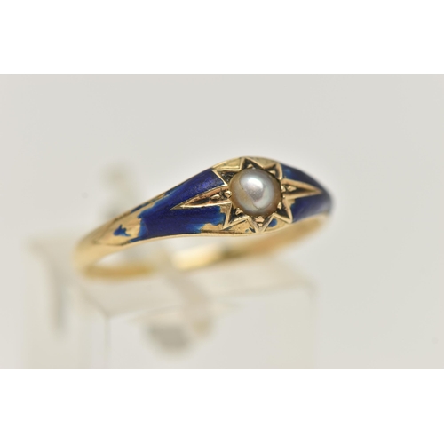 39 - A YELLOW METAL BLUE ENAMEL AND SPLIT PEARL LATE 19TH CENTURY RING, split pearl within a star setting... 