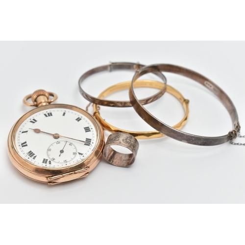 42 - A GOLD PLATED OPEN FACE POCKET WATCH, THREE BANGLES AND A RING, manual wind pocket watch, round whit... 