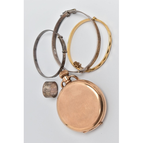 42 - A GOLD PLATED OPEN FACE POCKET WATCH, THREE BANGLES AND A RING, manual wind pocket watch, round whit... 