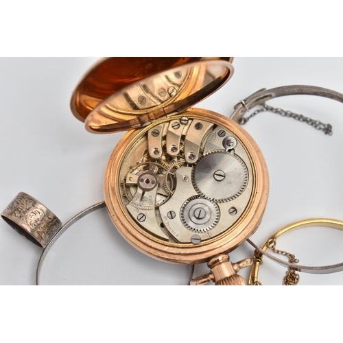 42 - A GOLD PLATED OPEN FACE POCKET WATCH, THREE BANGLES AND A RING, manual wind pocket watch, round whit... 