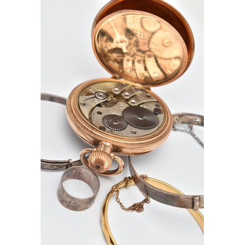 42 - A GOLD PLATED OPEN FACE POCKET WATCH, THREE BANGLES AND A RING, manual wind pocket watch, round whit... 