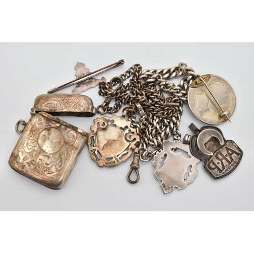 43 - A SMALL BOX OF SILVER ITEMS, to include a graduated silver Albert chain, links stamped with sterling... 