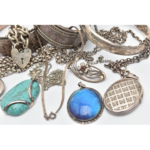 46 - AN ASSORTMENT OF SILVER AND WHITE METAL JEWELLERY, to include two silver hinged bangles, a curb link... 