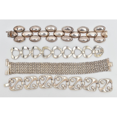 47 - FOUR BRACELETS, to include two large fancy link silver bracelets, both hallmarked London import, app... 