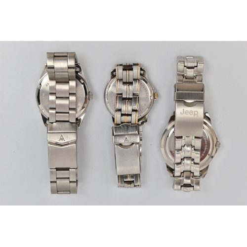 49 - THREE GENTS WRISTWATCHES, to include two 'Accurist WR' stainless steel watches, both with round blue... 