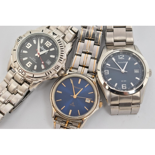 49 - THREE GENTS WRISTWATCHES, to include two 'Accurist WR' stainless steel watches, both with round blue... 