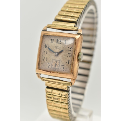 50 - A GENTS 9CT GOLD 'RONE' WRISTWATCH, manual wind, rectangular silver dial signed 'Rone Sixteen', Arab... 