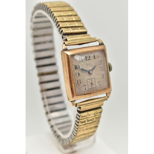 50 - A GENTS 9CT GOLD 'RONE' WRISTWATCH, manual wind, rectangular silver dial signed 'Rone Sixteen', Arab... 