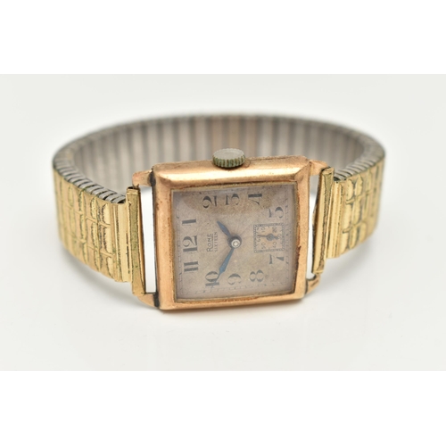 50 - A GENTS 9CT GOLD 'RONE' WRISTWATCH, manual wind, rectangular silver dial signed 'Rone Sixteen', Arab... 