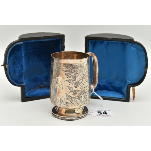 54 - A CASED LATE VICTORIAN TRAVEL CUP, foliate decoration with engraved cartouche, hallmarked 'Hilliard ... 