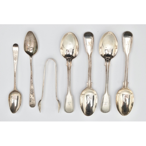 56 - A SMALL BAG OF SILVER CUTLERY, to include four Victorian reeded fiddle pattern teaspoons, each with ... 