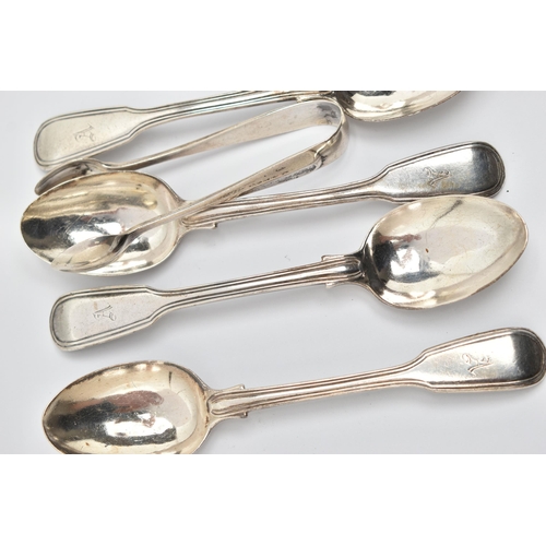 56 - A SMALL BAG OF SILVER CUTLERY, to include four Victorian reeded fiddle pattern teaspoons, each with ... 