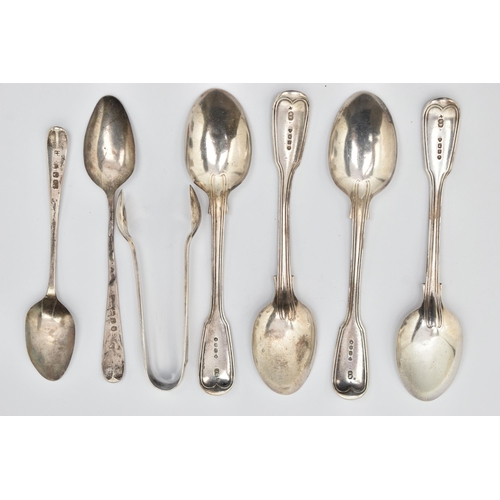 56 - A SMALL BAG OF SILVER CUTLERY, to include four Victorian reeded fiddle pattern teaspoons, each with ... 