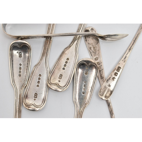 56 - A SMALL BAG OF SILVER CUTLERY, to include four Victorian reeded fiddle pattern teaspoons, each with ... 