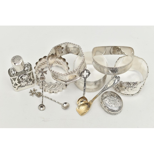 58 - A SELECTION OF SILVER ITEMS, to include five silver napkin rings, assorted with different designs, e... 