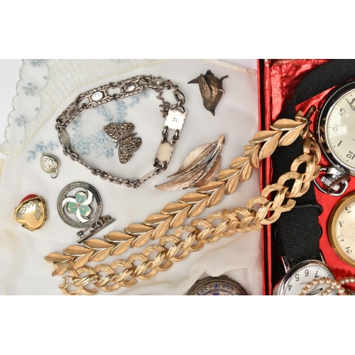 61 - A SMALL ASSORTMENT OF JEWELLERY AND WATCHES, to include a Victorian silver half hunter ladies pocket... 