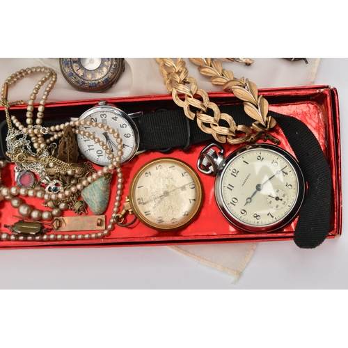 61 - A SMALL ASSORTMENT OF JEWELLERY AND WATCHES, to include a Victorian silver half hunter ladies pocket... 