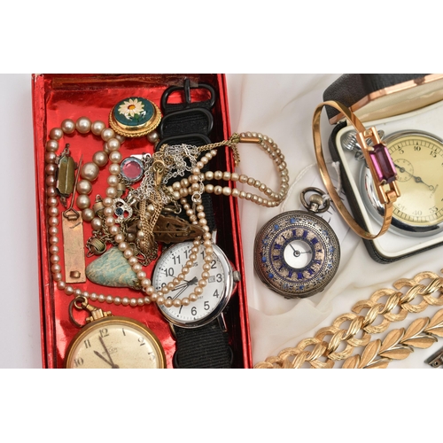 61 - A SMALL ASSORTMENT OF JEWELLERY AND WATCHES, to include a Victorian silver half hunter ladies pocket... 