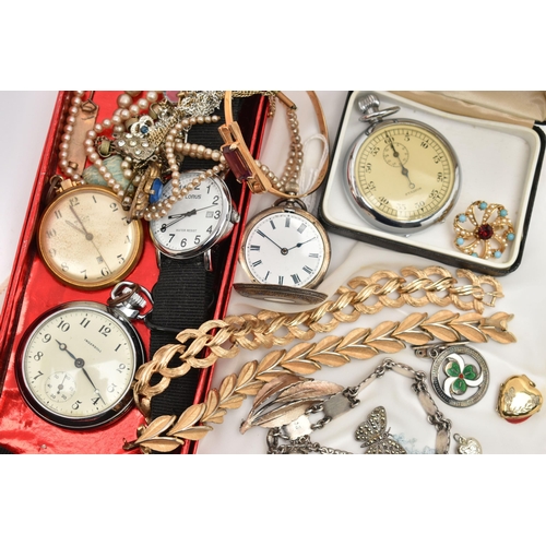 61 - A SMALL ASSORTMENT OF JEWELLERY AND WATCHES, to include a Victorian silver half hunter ladies pocket... 