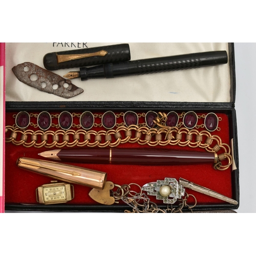 63 - A BOX OF ASSORTED ITEMS, to include a cased 'Parker' Foutain pen, nib stamped 14k, a Fountain pen, s... 