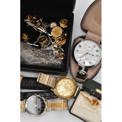 66 - AN ASSORTMENT OF ITEMS, to include a 9ct gold St Georges stick pin, hallmarked 9ct Birmingham, appro... 