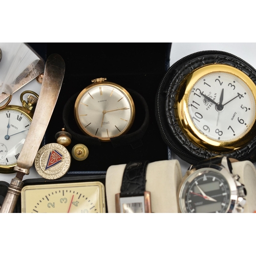 67 - WATCHES AND OTHER ITEMS, to include a gold plated 'Everite', manual wind open face pocket watch, sil... 