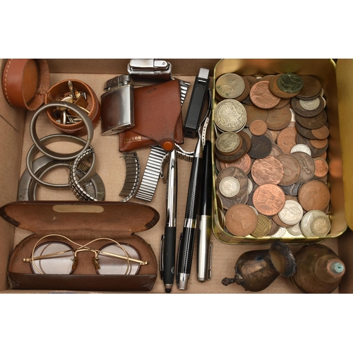 72 - A BOX OF ASSORTED ITEMS, to include a pair of white metal cufflinks, stamped gold on silver, a 'Tiss... 