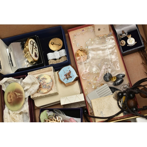 77 - A BOX OF ASSORTED ITEMS, to include various pieces of costume jewellery items, 'Stratton' compacts a... 