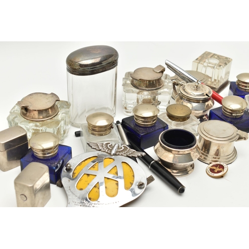 78 - A BOX OF ASSORTED INK WELLS, JARS AND CONDIMENTS, to include a silver salt and mustard both with blu... 